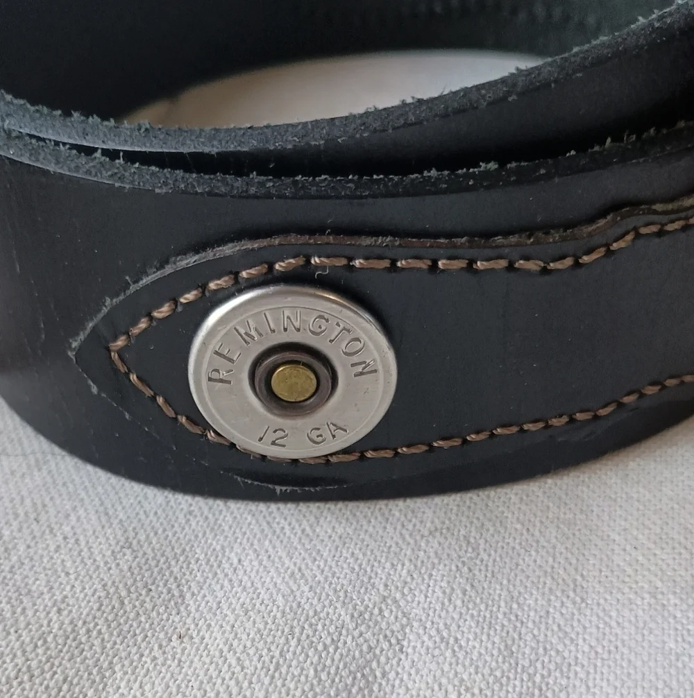 Vintage Remington 12 Gauge Black Leather Belt with Silver Buckle